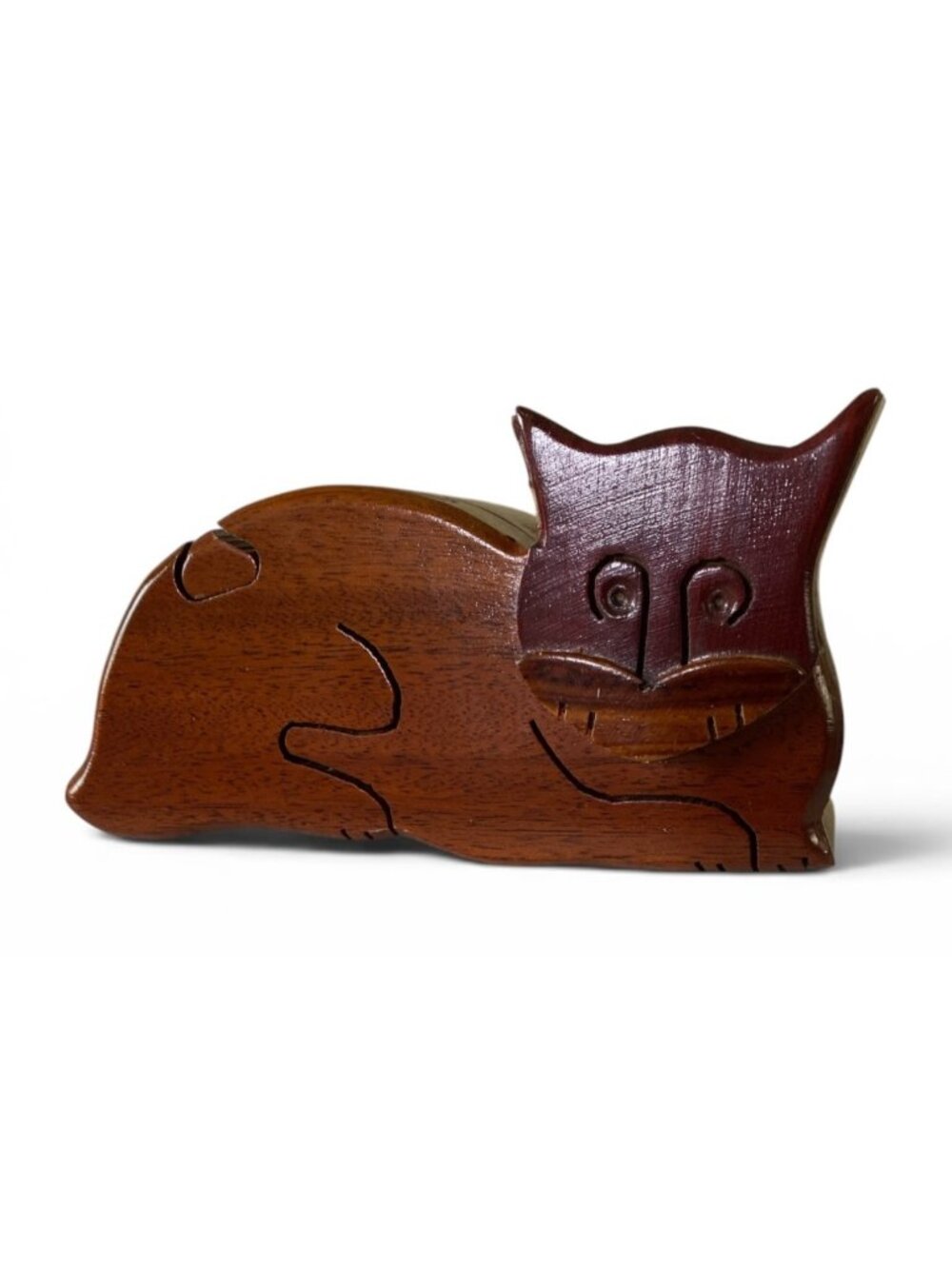 Handmade Wooden Cat Puzzle With Hidden Trinket Box